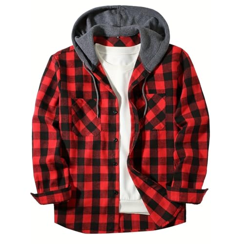 Holzfällerhemd Herren Hemd Kariert Langarm Hemdjacke Männer Flanellhemd mit Kapuze Outdoor Holzfäller Jacke Regular Fit Slim fit Trachtenhemd Herbst Hemden Casual Oberteil Freizeithemd A Rot M von Generisch