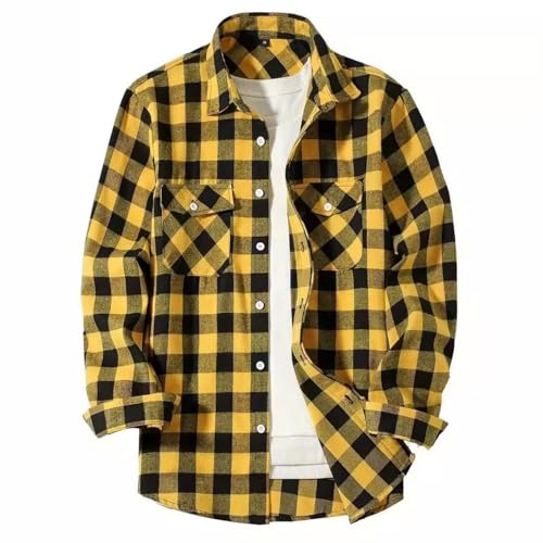 Holzfällerhemd Herren Slim fit Langarm Hemden für Herren Sommer Kariertes Flanellhemd Casual Freizeithemd mit Brusttasche Outdoor Jacke Baumwolle Western Hemd B Gelb XXL von Generisch