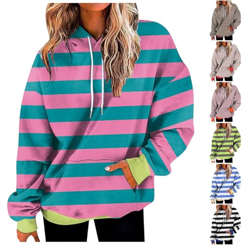 Hoodie Damen, Hoodie Damen Oversize Gestreifte Pullover Sweatshirt mit Kapuze Langarm Streifen Kapuzenpullover Hoody Damen Tasche Kordelzug Winter Casual Langarmshirt Sweatshirts Hoodies von Generisch