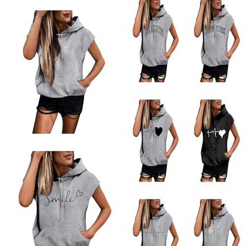 Hoodie Damen Ärmellose Kapuzenpullover mit Kordelzug Casual Sweatjacke Oversize Kapuzenshirt Damen Kurzarm Hoody mit Kängurutasche Bequeme Sweatshirt Basic Oberteile Sportshirt (001 Grau, M) von Generisch