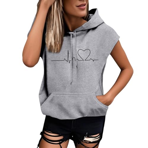 Hoodie Damen Ärmellose Kapuzenpullover mit Kordelzug Casual Sweatjacke Oversize Kapuzenshirt Damen Kurzarm Hoody mit Kängurutasche Bequeme Sweatshirt Basic Oberteile Sportshirt (007 Grau, M) von Generisch