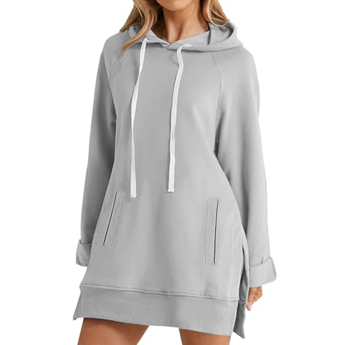Hoodie Damen Elegant Hooded Sweatshirt Langarm Oversize Sport Kapuzenpullover mit Taschen Frauen Baumwolle Long Lose Hoody Loungewear Herbst Winter Bekleidung Einfarbige Basic Gefütterte Pullover von Generisch