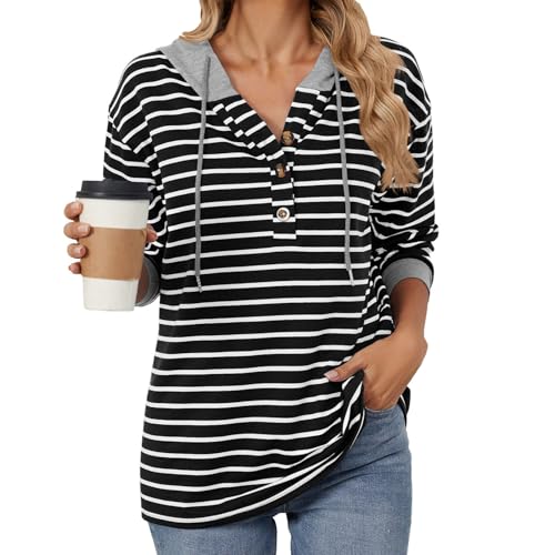 Hoodie Damen Gestreiftes Oversize Langarm Kapuzenpullover Lose Pullover Sweatshirt mit Kapuzen Leichter Baumwolle Hoodie Teenager-Mädchen Mode Streifen Hoody Sweatshirt Herbst Sommer von Generisch