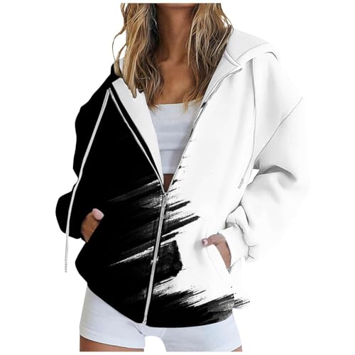 Hoodie Damen Herbst Langarm Rundhals Leichter Kapuzenpullover Winter Casual Pullover Hoody Sweatjacke Damen Mit Kapuze Strickjacke Mit Reissverschluss Damen Bunt Sweatshirt Damen Gestreift von Generisch
