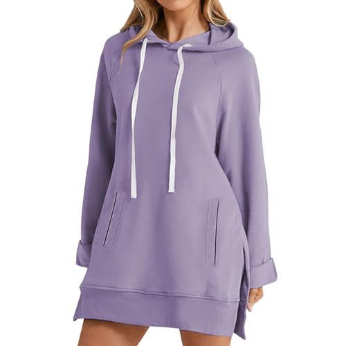 Hoodie Damen – Kapuzenpullover Frauen Baumwolle Long Soft Touch Loungewear Langarm Einfarbig Basic Gefütterte Sweatshirt mit Kapuze Slim Fit Retro Baumwolle Oberteil Oversized Casual Rundhals Pullover von Generisch
