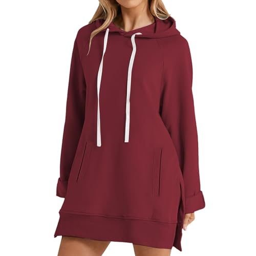 Hoodie Damen – Kapuzenpullover Frauen Baumwolle Long Soft Touch Loungewear Langarm Einfarbig Basic Gefütterte Sweatshirt mit Kapuze Slim Fit Retro Baumwolle Oberteil Oversized Casual Rundhals Pullover von Generisch