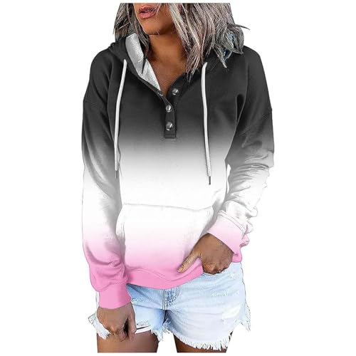 Hoodie Damen Kapuzenpullover Verlaufsfarbe Y2K Sweatshirt Langarm 1/4 Knopfleiste Streetwear Taschen Pullover mit Kapuze Drawstring Mantel Modisch Lockere Oberteil Tops von Generisch
