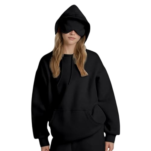 Hoodie Damen Oversize,Basic Rundhals Langarm Travel Hoodie Mit Kapuze Casual Oversized Mit Augenmaske Kapuzenpullover Herbst Winter Oberteile Kapuzenpullover Im Flugmodus(schwarz,S) von Generisch