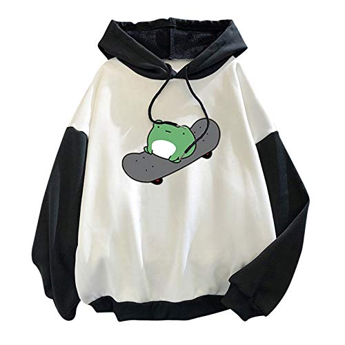 Hoodie Damen Oversize Kapuzenpullover Kawaii Frosch Aufdruck Sweatshirt Damen Trainingsjacke Aesthetic Hoody Mit Kapuze Warme Langarmshirt Sipperjacke Outwear Sweater Pullover（Schwarz,XL von Generisch