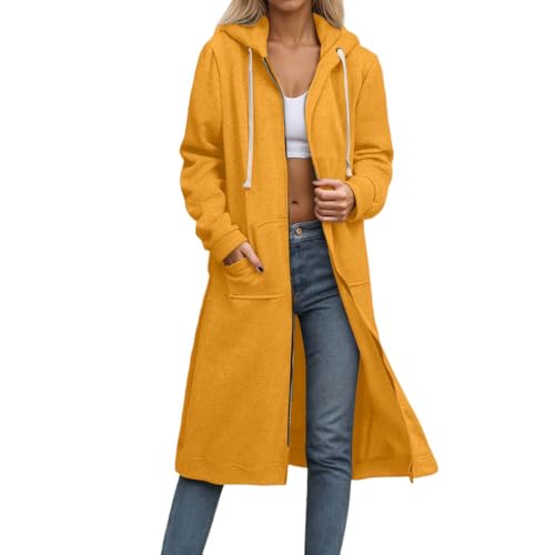 Hoodie Damen Sweatjacke Baumwoll Kapuzenjacke Herbst Lang Fleecejacke Mit Kapuze Winter Übergangsjacke Casual Einfarbig Kapuzenjacke Locker Kapuzenpullover Mit Taschen Yellow Softshelljacke Für Damen von Generisch