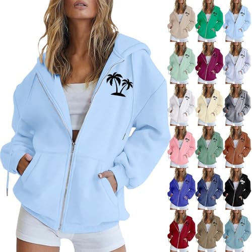 Hoodie Damen Sweatjacke Mit Kapuze Zipper Sportjacke Langarm Sweatshirt Kapuzenpullover Hoodies Einfarbig Kapuzenjacke Strickjacke Damen Lang Mit Kapuze Coconut Tree Print Süß Und Mädchenhaft von Generisch