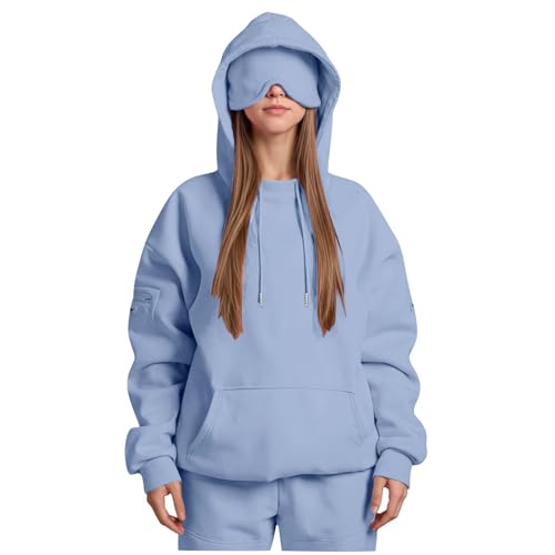 Hoodie Damen mit Integrierter Augenmaske Kapuzenpullover Comfort Airplane Mode Travel Hoodie Langarm mit Kapuze Sweatshirts Im Flugmodus Hoody Pulli Sweatjacke Baumwolle Winter von Generisch