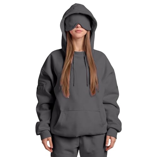 Hoodie Damen mit Integrierter Augenmaske Kapuzenpullover Comfort Airplane Mode Travel Hoodie Langarm mit Kapuze Sweatshirts Im Flugmodus Hoody Pulli Sweatjacke Baumwolle Winter von Generisch