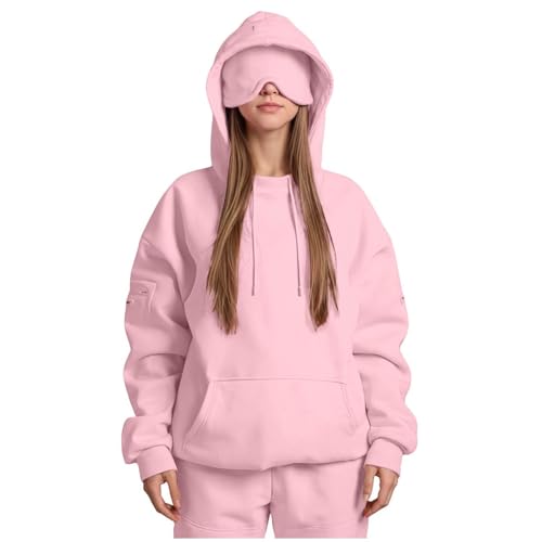 Hoodie Damen mit Integrierter Augenmaske Kapuzenpullover Comfort Airplane Mode Travel Hoodie Langarm mit Kapuze Sweatshirts Im Flugmodus Hoody Pulli Sweatjacke Baumwolle Winter von Generisch