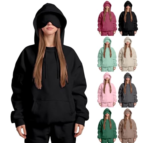 Hoodie Damen mit Integrierter Augenmaske Kapuzenpullover Comfort Airplane Mode Travel Hoodie Langarm mit Kapuze Sweatshirts Im Flugmodus Hoody Pulli Sweatjacke Baumwolle Winter von Generisch