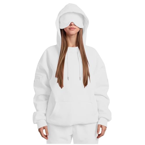 Hoodie Damen mit Integrierter Augenmaske Kapuzenpullover Comfort Airplane Mode Travel Hoodie Langarm mit Kapuze Sweatshirts Im Flugmodus Hoody Pulli Sweatjacke Baumwolle Winter von Generisch