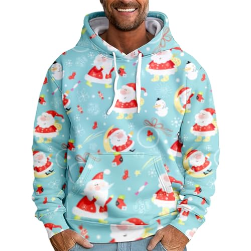 Hoodie Herren, Weihnachtspullover Herren Mit Kapuze Weihnachten Drucken Lose Langarm Dünne Kapuzen-Sweatshirt Pullover Kordelzug Hoodie Weihnachtspulli Xxxl Hoody Pulli Hoodie (5XL, Himmelblau) von Generisch