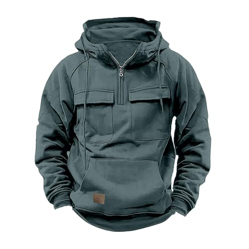 Hoodie Herren,Pullover Herren 1/4 Zip Hoodie Cargo Arbeitspullover mit Multi-Taschen Vintage Kapuzenpullover Retro Fleecepullover Langarm Sweatshirt Übergangsjacke Winter Strickjacke Freizeitjacke von Generisch