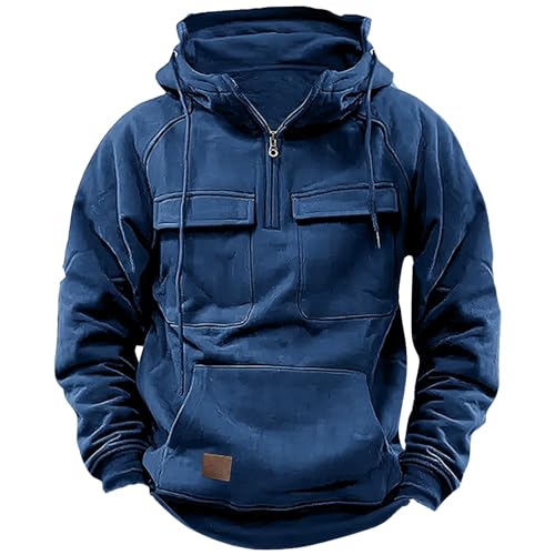 Hoodie Herren,Pullover Herren 1/4 Zip Hoodie Cargo Arbeitspullover mit Multi-Taschen Vintage Kapuzenpullover Retro Fleecepullover Langarm Sweatshirt Übergangsjacke Winter Strickjacke Freizeitjacke von Generisch