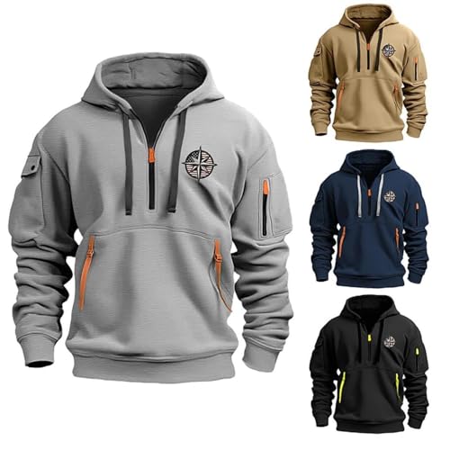 Hoodie Herren 1/4 Zip Kapuzenpullover Kordelzug Pullover Oversize Gym Kapuzenjacke Winter Kapuze Sweatshirt mit Taschen Locker Langarmshirt Reißverschluss Casual Langarm Warm Kapuzenpulli #C02 Grau M von Generisch