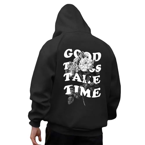 Hoodie Herren Oversize Mit Backprint Y2K Hoody Mit Kapuze Basic Pullover Vintage GOOD THINGS TAKE TIME Print Hoodies Für Männer Anime Kapuzenpullover Schwarzer Coole Streetwear Oversized Pulli von Generisch