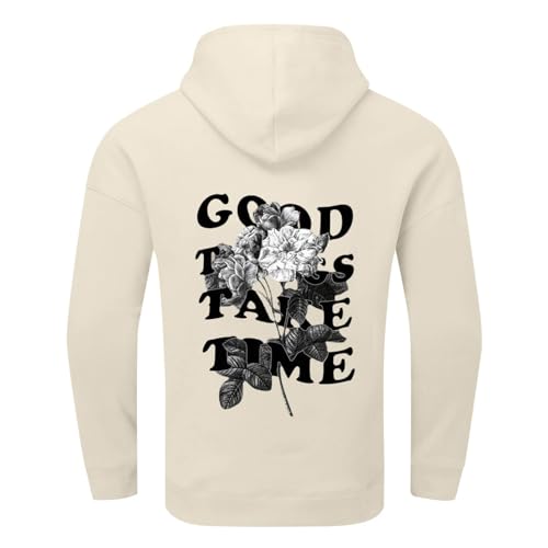 Hoodie Herren Oversize Mit Backprint Y2K Hoody Mit Kapuze Basic Pullover Vintage GOOD THINGS TAKE TIME Print Hoodies Für Männer Anime Kapuzenpullover Schwarzer Coole Streetwear Oversized Pulli von Generisch