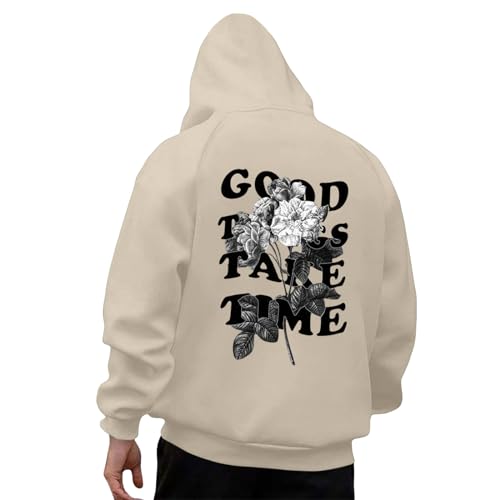 Hoodie Herren Oversize Mit Backprint Y2K Hoody Mit Kapuze Basic Pullover Vintage GOOD THINGS TAKE TIME Print Hoodies Für Männer Anime Kapuzenpullover Schwarzer Coole Streetwear Oversized Pulli von Generisch