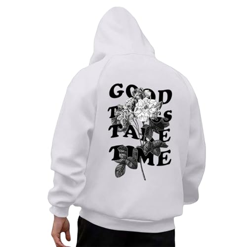 Hoodie Herren Oversize Mit Backprint Y2K Hoody Mit Kapuze Basic Pullover Vintage GOOD THINGS TAKE TIME Print Hoodies Für Männer Anime Kapuzenpullover Schwarzer Coole Streetwear Oversized Pulli von Generisch