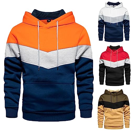 Hoodie Herren Pullover Langarm Sweatjacke Kapuzenpullover Farbblock Sweatshirt Oversize Modische Langarm Fleecepullover Locker Bequemer Sweatshirt mit Kapuze Drawstring Hoody (001 Orange, L) von Generisch