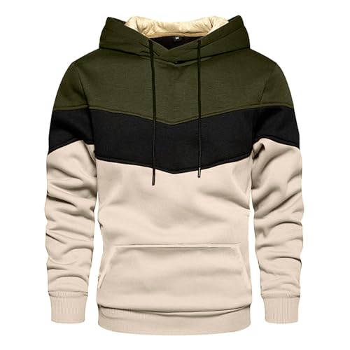 Hoodie Herren Pullover Langarm Sweatjacke Kapuzenpullover Farbblock Sweatshirt Oversize Modische Langarm Fleecepullover Locker Bequemer Sweatshirt mit Kapuze Drawstring Hoody (01 Armeegrün, L) von Generisch