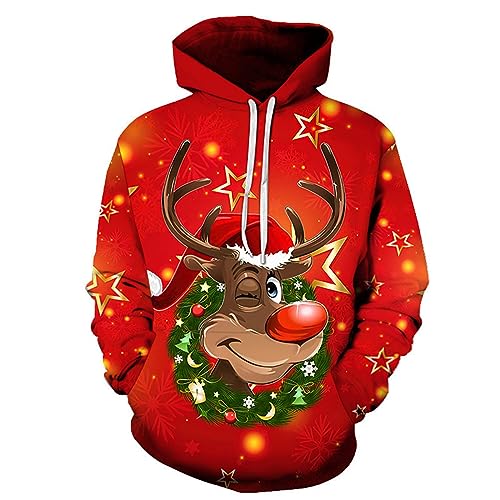 Hoodie Herren Pullover Lustige 3D Weihnachten Pullover Merry Christmas Weihnachtspullover Weihnachtsmann Langarm Sweatshirt für Jungen Winter Hoodie Sweatshirt Langarmshirt Pulli (6-Red, XXXXXL) von Generisch