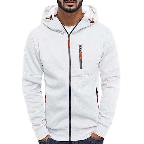 Hoodie Herren ReißVerschluss Kapuzenjacke Sweatjacke Zip Sweater Casual Arbeitspullover mit Taschen ReißVerschluss-Armablage Sweatjacke Herren Einfarbig Langarm Kapuzenpulli Zip Hoodie (AB-White, M) von Generisch