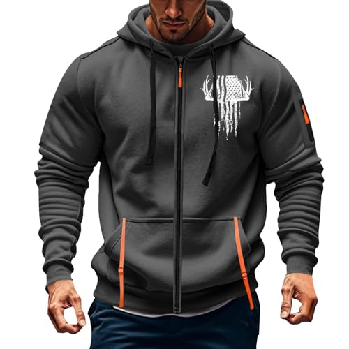 Hoodie Herren Reißverschluss Schwarz Sommer Freizeitjacke Herren Sportlich Winddicht Druckte Sweatshirt Mit Vielen Taschen Sweatjacke Regular Fit Trainingsjacke Herbst Winter Übergangsjacke von Generisch