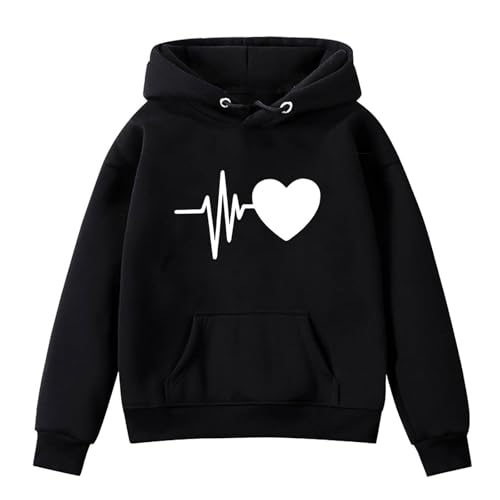 Hoodie Mädchen Pullover Warm Kapuzenpullover Bedrucktes T-Shirt Langarmshirts Klamotten Weiche Kleidung Bequem Bekleidung Thermo Oberteile Modisch Sweatshirt Long Sleeve Top Schwarz, 11 Jahre von Generisch