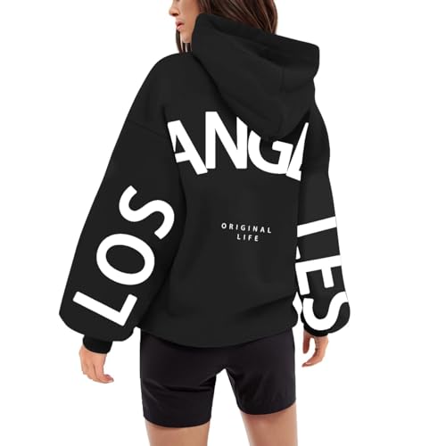 Hoodies Damen Oversize Kapuzenpullover Brief Backprint Pullover Sweatshirt Casual Kapuzenpulli mit Taschen Übergangs Hoody Klassisch Langarmshirt Sport Streetwear (Black-A, XXL) von Generisch