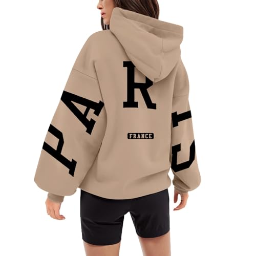 Hoodies Damen Oversize Kapuzenpullover Brief Backprint Pullover Sweatshirt Casual Kapuzenpulli mit Taschen Übergangs Hoody Klassisch Langarmshirt Sport Streetwear (Khaki-B, M) von Generisch