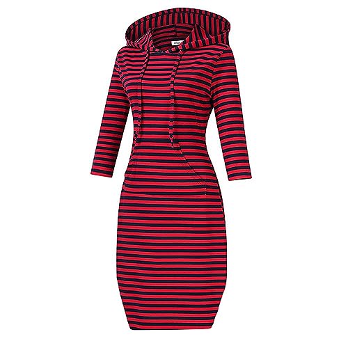 Hoody Kleid Damen Mit Kapuze Freizeitkleider Damen Sommer Baumwolle Kapuzenkleid 3/4 Arm Mit Taschen Hoodiekleider Bunt Gestreifte Kapuzenpullover Figurbetontes Lässiges Pulloverkleid Sweatkleid von Generisch