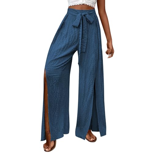 Hose Damen Elegant Mit Schlitz High Waist Leichte Sommerhose Lang Mit Gummizug Stoffhose Damen Sommer Leicht Palazzo Hose Baggy Hosen Frauen Weites Bein Bequem Damenhose Mit Bund Freizeithose von Generisch
