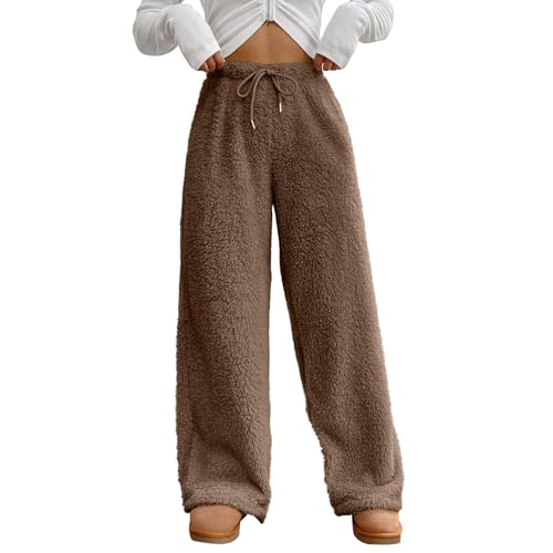 Hose Damen Freizeithose Winter Warme Lockere Bequeme Fleece Hosen Einfarbig High Waist Plüsch Pyjamahose Home Flauschig Elastische Taille Thermohose Haushose Mit Kordelzug,S-XL von Generisch