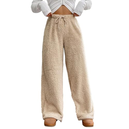 Hose Damen Freizeithose Winter Warme Lockere Bequeme Fleece Hosen Einfarbig High Waist Plüsch Pyjamahose Home Flauschig Elastische Taille Thermohose Haushose Mit Kordelzug,S-XL von Generisch