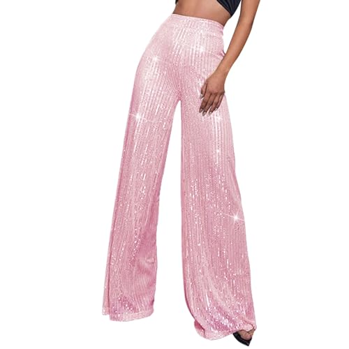 Hose Damen Schlaghose Festliche Hosen Elegant Mit Glitzer High Waist Outdoorhose Stretch Elastisch Bequeme Taschen Weites Bein Lang Hohe Taille Freizeithose Bootcut Freizeithosen (Pink, M) von Generisch