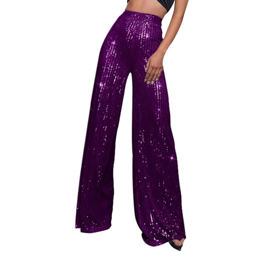 Hose Damen Schlaghose Festliche Hosen Elegant Mit Glitzer High Waist Outdoorhose Stretch Elastisch Bequeme Taschen Weites Bein Lang Hohe Taille Freizeithose Bootcut Freizeithosen (Purple, L) von Generisch