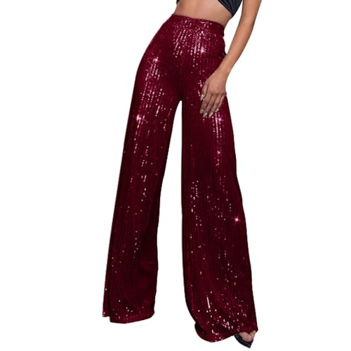 Hose Damen Schlaghose Festliche Hosen Elegant Mit Glitzer High Waist Outdoorhose Stretch Elastisch Bequeme Taschen Weites Bein Lang Hohe Taille Freizeithose Bootcut Freizeithosen (Wine, L) von Generisch