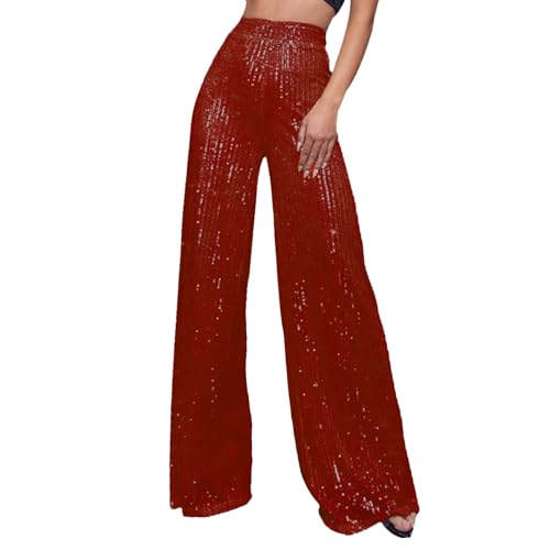 Hose Damen Schlaghose Festliche Hosen Elegant Mit Glitzer High Waist Outdoorhose Stretch Elastisch Bequeme Taschen Weites Bein Lang Hohe Taille Freizeithose Bootcut Freizeithosen (XA-Red, M) von Generisch