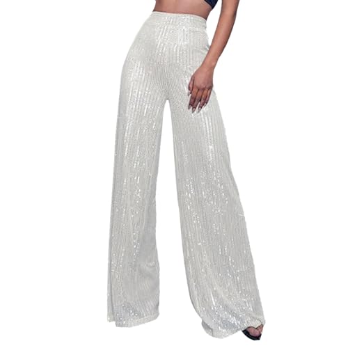 Hose Damen Schlaghose Festliche Hosen Elegant Mit Glitzer High Waist Outdoorhose Stretch Elastisch Bequeme Taschen Weites Bein Lang Hohe Taille Freizeithose Bootcut Freizeithosen (XA-White, M) von Generisch