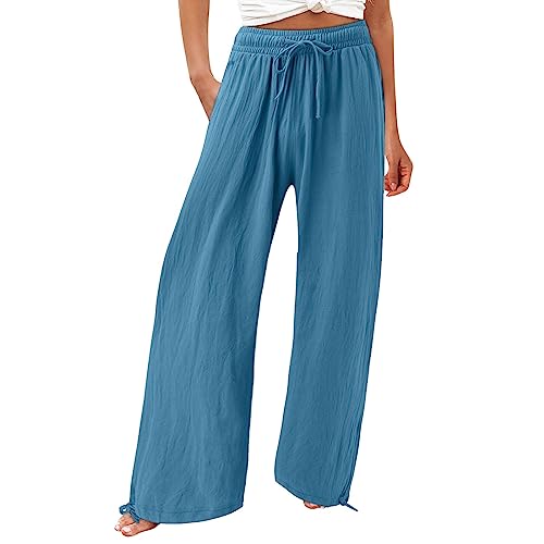 Hose Damen Sommer 7/8,Damen Hosen Elegant Damen Casual Loose High Waist Baumwolle Leinen Weit Geschnittene Lange Hosen Mit Taschen Damen Sweathose Cargohosen Maternity Hose Pumphose Damen(Blau,XXL) von Generisch