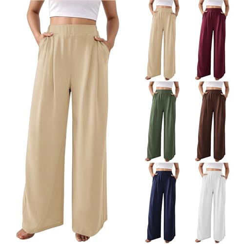 Hose Damen Sommer Weites Bein - Freizeithose Hight Waist Sommerhose Einfarbig Palazzo Hose Gerade Geschnitten Stoffhose Leichte Lässige Anzughose Bequeme Business-Hosen mit Taschen von Generisch