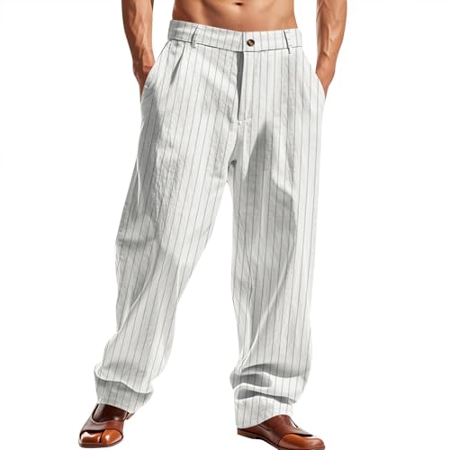 Hose Leinen Herren Herbst Männer Baumwolle Leinenhose Gestreift Herbsthose mit Knopfleiste Taschen Herrenhose Straight Fit Baumwollenhose Outdoor Freizeithose Atmungsaktive Casual Pants von Generisch