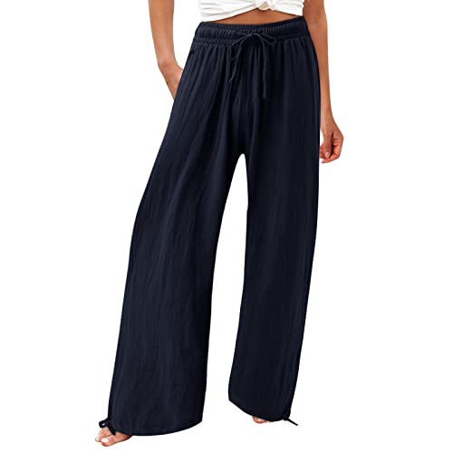 Hose Sommer Damen Leicht, Musselin Mittelalter Kleidung Damen Urlaub Hose Damen Festival Kleidung Schlaghose 70Er Sommer Outfit Hothose Leichte Luftige Sommerhose Slimfit Hosen (Dunkelblau,L) von Generisch