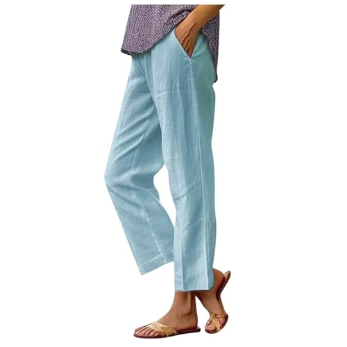 Hosen Damen,Damen Leicht Luftig Sommerhose Elegant Stoffhose Musselin Hose Baumwolle Leinenhose Einfarbig Freizeithose Stretch Straight Leg Hose Bequeme Weite Palazzo mit Taschen Blau L von Generisch